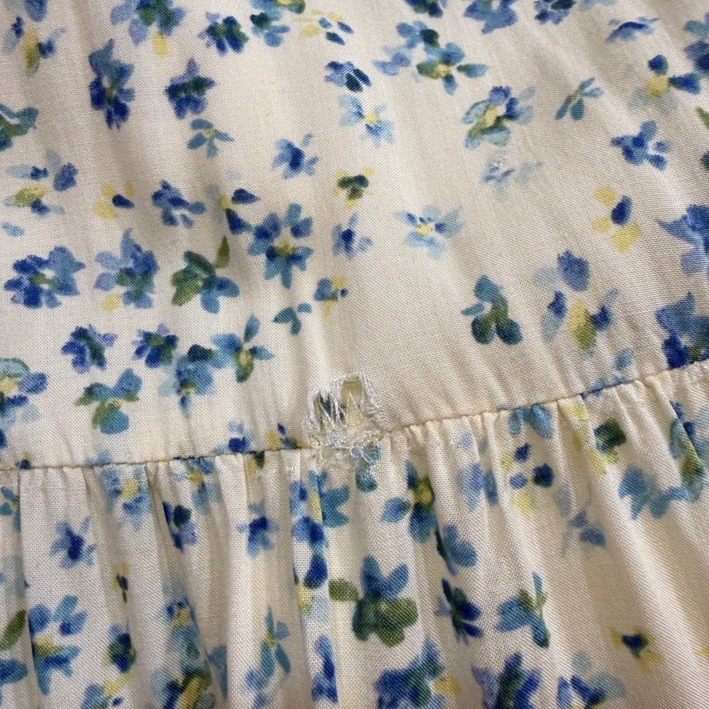 AQUA Yellow Blue Floral Tiered Mini Dress Ruffle Tie Neck Sleeveless Small Flaw - Picture 11 of 14